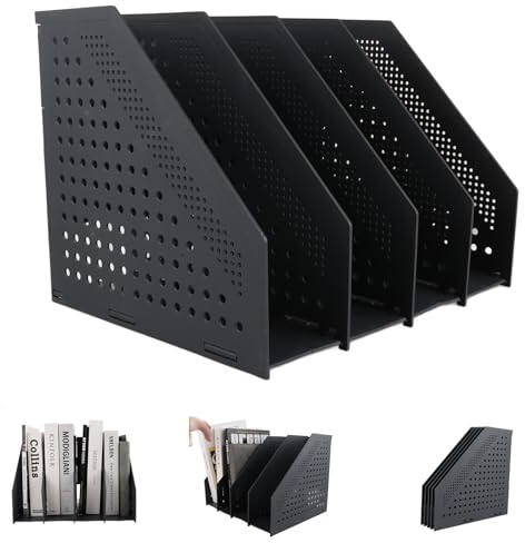 AKOLAFE Porte Revue Bureau A4 Plastique Porte Revues Pliable avec 4 Compartiments Classeurs à Revues de Grande Capacité pour Rangement Papier Vertical, Le Bureau et La Maison (Noir)