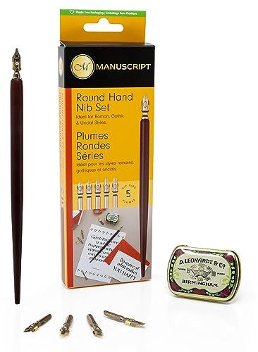 MANUSCRIPT Leonardt Round Hand Calligraphy Set - 1x Wooden Dip Pen, 5x Varying, Expertly Crafted Nibs & Vintage Nib Tin, Traditional Calligraphy Pen Set for Beginners & Advanced Users