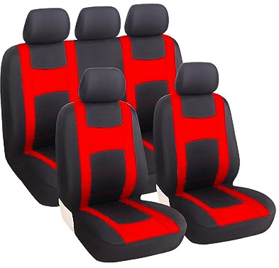 JNNJ 9 Stück Autositzbezüge Kompletter Satz, Klassisch Autositzbezüge Sitzschoner Auto Schonbezug Autositz, Sitzbezügesets Autositzbezüge Set Für 5 Sitzer(Rot)