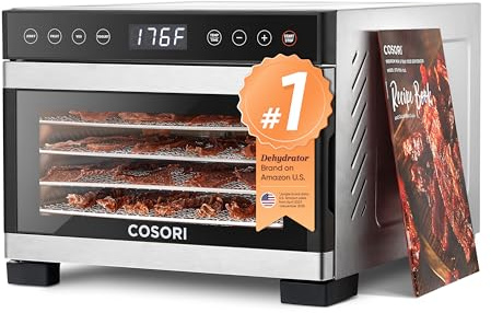 Cosori Food Dehydrator for Jerky, 176°F Temperature Control, 5 Stainless Steel Trays with 5.1 ft² Drying Space, 4 Presets, 48H Timer, for Dog Treats, Meat, Fruit, Veggies, Snacks, Bright-Silver