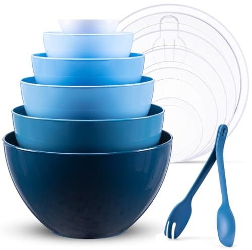 LUXEAR Mixing Bowls with Lids Set, 14 Pieces Plastic Nesting Bowls Includes 6 Prep Bowls, 6 Lids, 2 Cooking Spoons(Can Convert into Tongs), Microwave Dishwasher Safe for Mixing Serving Baking Storing