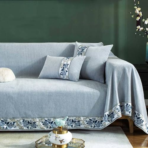 Gualiy Bezug Sofa 180x380cm, Einfarbig mit Blumenmuster Couch Überzug 4 Sitzer Sofabezug rutschfest Blau Grau Sofabezug für Wohnlandschaft