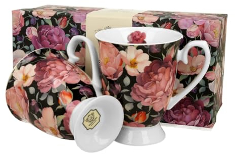 DUO FLORAL 2er-Set königliche Tassen 300 ml SPRING ROSES BLACK New Bone China Porzellan