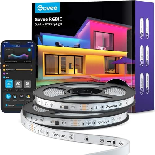 Govee Outdoor LED Strip Lights, 20m RGBIC Outdoor Lights Work with Alexa, IP65 Waterproof, Music Sync Rope Lights for Roof Eave Balcony Garden