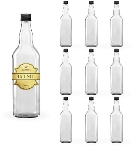 10x Bouteilles en Verre 500ml avec Bouchon à Vis Noir - Boissons Spiritueuses: Rhum, Whiskey, Gin, Tequila, Liqueurs - Élégance en Verre pour Souvenirs, Cocktails