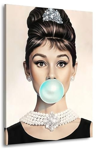Kunstgestalten24 Leinwandbild Audrey Hepburn kaugummi Blase Wandbild Kunstdruck Wanddeko