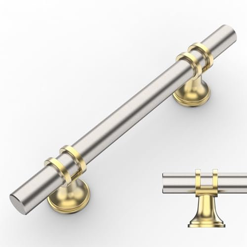Amerdeco 10 Pack Brushed Satin Nickel and Gold Cabinet Pulls 3.75 Inch(96MM) Hole Centers Kitchen Cabinet Handles Cabinets Hardware Drawer Pulls AM002