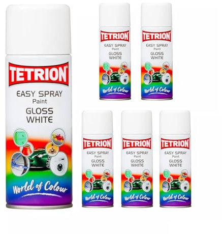 Tetrion Easy Spray Paint Gloss White 6-Pack, Multipurpose Spray for Metal, Wood, MDF, Ceramic, Plastic - Quick-Drying Interior & Exterior Finish