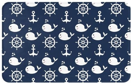 Gearsly Fußmatte, 50 x 80 cm, maritime Wale, nautisches Anker, Rad, Vordertürmatte, waschbar, Küche, Schmutzfangmatte, rutschfest, saugfähig, für Eingangsbereich, Haustiere, Hunde
