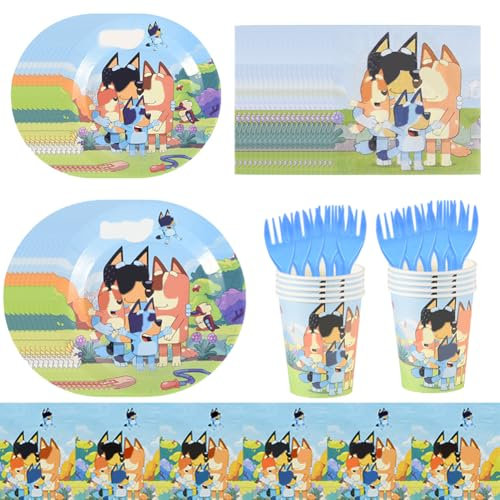 Cartoon Dog Tableware Set, 61pcs Cartoon Blue Dog Party Supplies Tableware Set Include Tablecloth Plates Napkins Paper Cups Plates Fork For 10 Guests