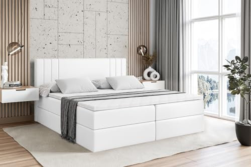 ALTDECOR Boxspringbett mit Matratze und Lattenrost, Boxbett, Topper, Polsterbett mit Bettkasten, Bett mit Stauraum H3-Matratze, Doppelbett, Springboxbett - IDRIKO - 140x200 - Weiß Kunstleder