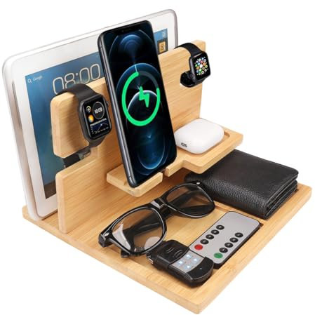 iCozzier Bamboo Phone Tablet Docking Station with Earphones & Watch Stand Desk and Bedside Stationery Nightstand Organizer Neatly Stores Keys, Rings, Glasses,Pens Gift for Men Women Friends