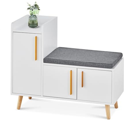 CLIPOP Shoe Storage Cabinet, Shoe Bench with Padded Seat, White Shoe Rack Cabinet for hallway, Modern Storage Bench Adjustable Compartment and Wooden Legs 80 x 35 x 70 cm