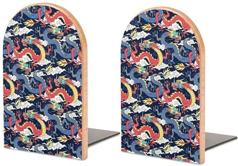 Lot de 2 serre-livres en bois robustes pour étagères, serre-livres antidérapants et dragons du Japon pour livres, magazines, films