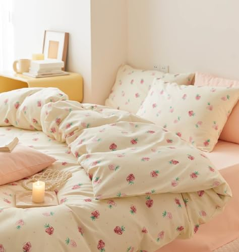 Sedefen Bettwäsche 200x220 Creme Rosa Erdbeeren Muster Bettwäsche für Mädchen Kinder,Kuschelig ÖKO-TEX Bettwäsche Set - Bettbezug mit Reißverschluss und 2 Kissenbezug 80x80 cm
