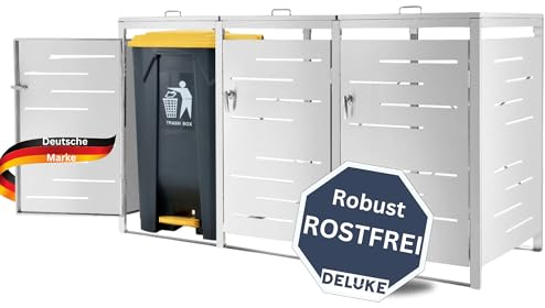 DELUKE® 3er Mülltonnenbox APOC Edelstahl - für 120-240L Tonnen| 3er Mülltonnenverkleidung für 3 Tonnen 240L Müllbox aus Metall Mülltonnenschutz Mülltonnendach Mülltonnenhaus | Silber