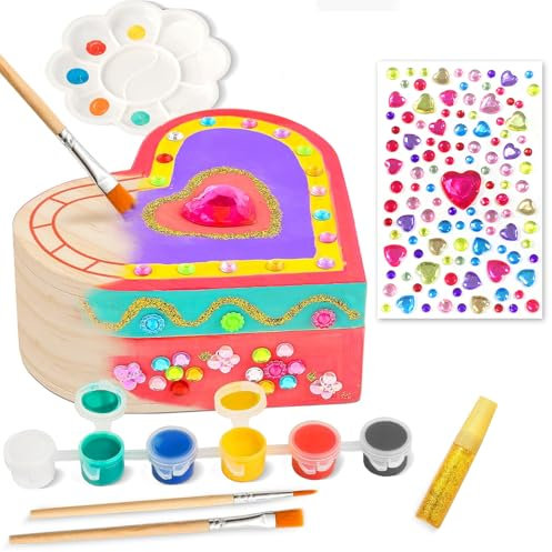 Schatzkiste Kinder, Schmuckkästchen Mädchen, Schatztruhe Holz zum Malen, Kinder, DIY herzförmige Holzkiste, Weihnachten Neujahr Kindertag Geburtstagsgeschenk, Holzbastelsets