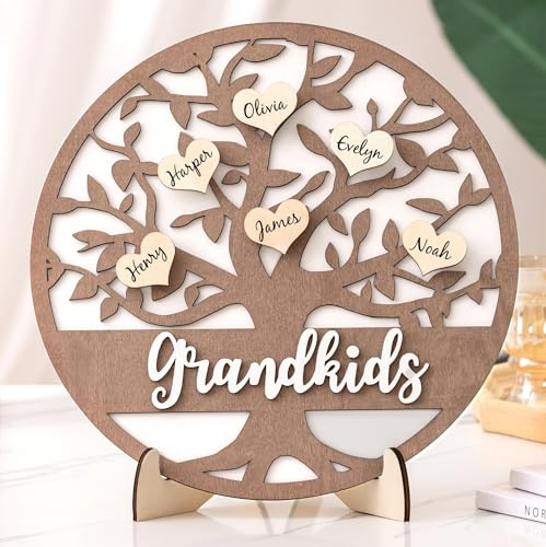Cadeaux pour grand-mère de la part des petits-enfants, cadeaux personnalisés pour grands-parents de la part de petits-enfants, arbre généalogique en bois 3D avec 20 cœurs, idée cadeau de Noël, fête