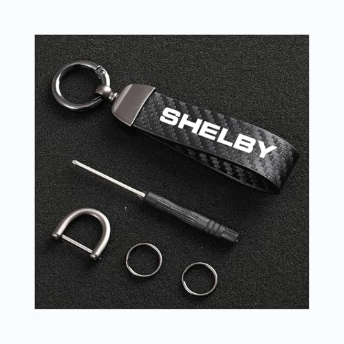 Generisch Auto Schlüsselanhänger für Ford Shelby Kohlefaser Leder Seil 360 ° Drehbarem Anti-Verlust-D-Ring Schlüsselanhänger Auto Zubehör,Black-12.5CM