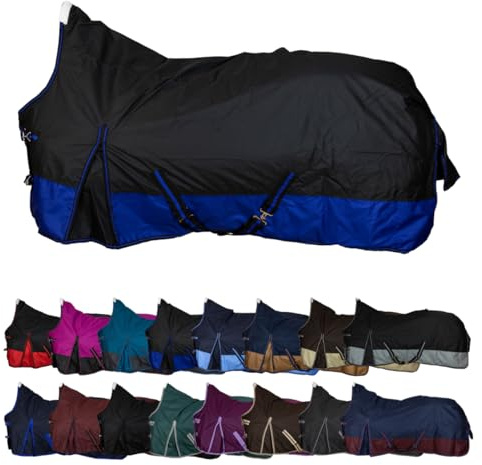 RL24 - Weidedecke High Neck Basicline 600D Schwarz/Royalblau 155cm (100g) | Füllung – Regendecke & Übergangsdecke – wasserdichte Outdoordecke mit Kreuzbegurtung