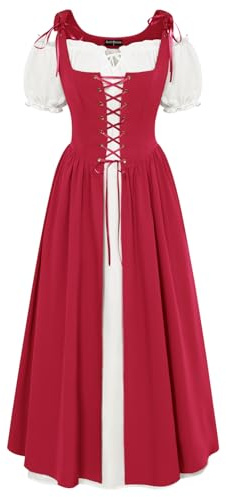 SCARLET DARKNESS Mittelalter Kleidung Damen 2Pcs Renaissance Maxikleid | Kurzarm Puffärmel, Flowy Trachtenkleid, Schulterfrei mit Taschen, Corsagenkleid, Piraten Cosplay Halloween Karneval Kostüm