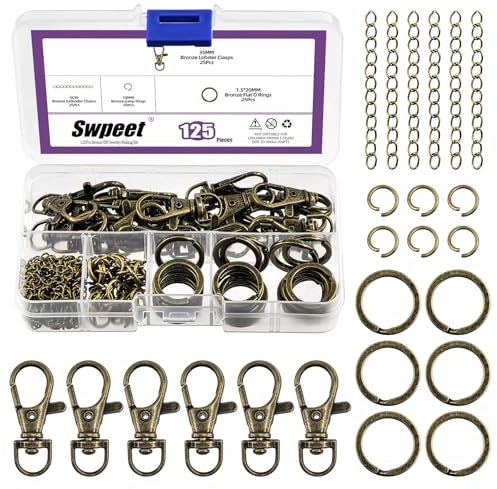 Swpeet Set di 125 portachiavi in bronzo, 25 ganci girevoli per cordino, anello portachiavi 25P, catene di estensione 25P, anelli di salto aperti 50P, chiusure a moschettone girevoli, clip portachiavi