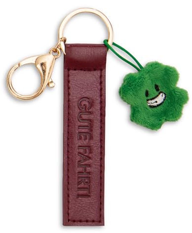 NICI Schlüsselanhänger Gute Fahrt! Kunstlederband rot 10cm mit Kleeblatt