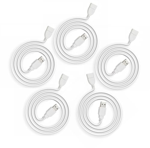 White USB Extension Cable 3ft 5 Pack Bulk, USB A 2.0 Male to Female Extender Cord for Printer, Mouse, Keyboard, 480Mbps Transfer Speed
