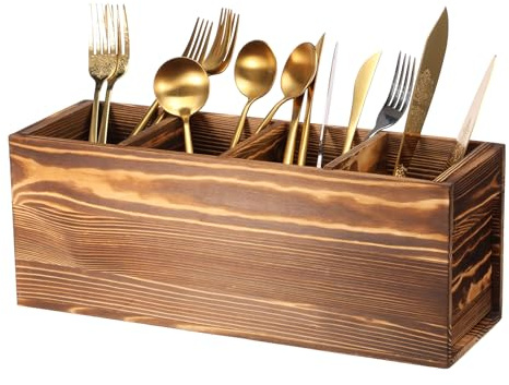MENIBBLER Utensil Holder 4 Compartments Wood Silverware Caddy with Removable Divider Reusable Utensil Caddy for Home Kitchen Countertop Party