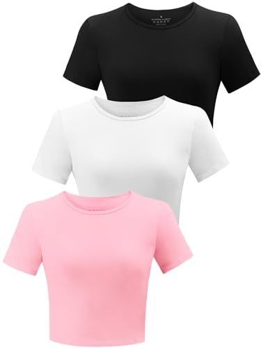 BryticFlow 3 Pack Workout Crop Tops for Women Basic Cotton T-Shirts Yoga | Short Sleeve, Cropped Fitted, Basic Cute Tees, Casual Crew Neck, Summer Yoga Gym Clothes