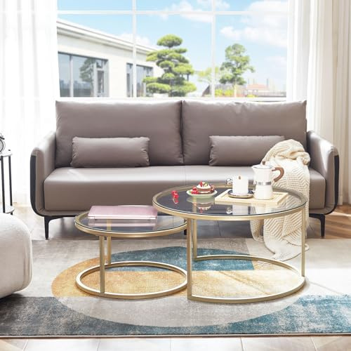 buybyroom Table basse dorée gigognes avec base en métal et plateau en verre, adaptée pour le salon, la chambre, le bureau, le balcon, l'appartement