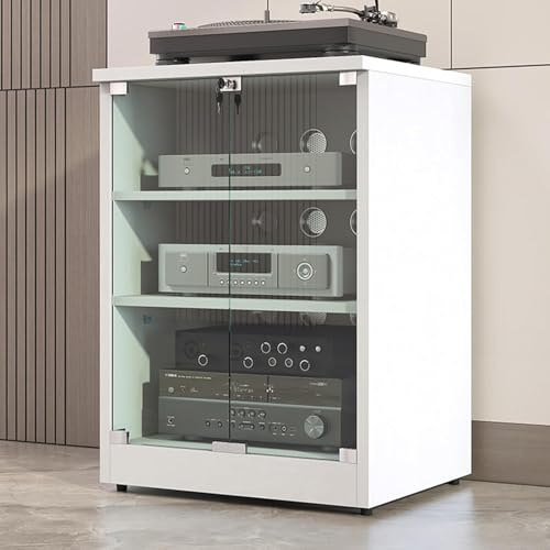 PP-Vic Meuble pour Composants Stéréo, Meuble Multimédia Audio Vidéo en Bois avec Porte en Verre Trempé, Meuble Rack Audio, Meuble Multimédia AV, Meuble Audio, Meuble Console pour,80cm White