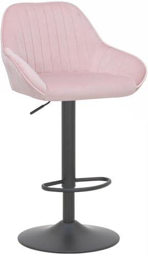 Lamboro Velluto Matt Black Velvet Kitchen Bar Stool, Height Adjustable Swivel Gas Lift, Padded Seat & Backrest, Matt Black Footrest, Pink