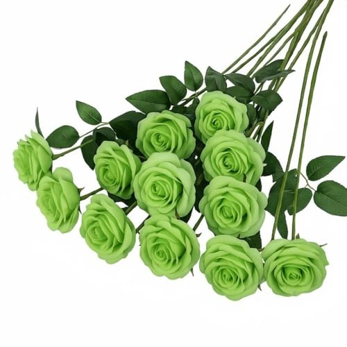 10 Pcs Artificial Roses, Green Fake Roses Artificial Flowers | with Stems Fake Artificial Green Roses Silk Flowers, for Home Garden Party Hotel Office Decor