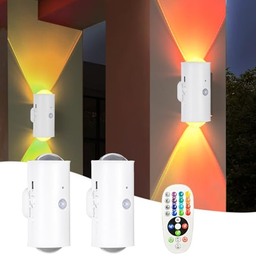 2 Stück Wandlampe Akku mit Bewegungsmelder Schalter Fernbedienung RGB-Farbwechsel Magnetisch Nachtlicht Weiß Rund LED Wandleuchte Innen Wall Light für Drinnen Draußen Flur Wohnzimmer