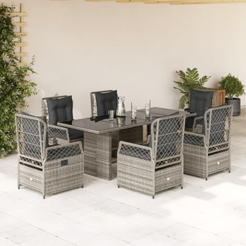 Brokky Gartenmöbel Set mit 6 Verstellbare Hochlehner Stühlen Gartenmöbel Essgruppe Garten Sitzgruppe 4 Personen Sitzgruppe Outdoor Rattan Gartentisch mit Stühlen Set-Grau-7-tlg Typ 2