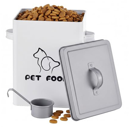 Relaxdays Futterbox, 6 l, HBT: 27x23x15 cm, Futtertonne, Deckel & Löffel, Eisen, Aufbewahrungsbox Trockenfutter, weiß