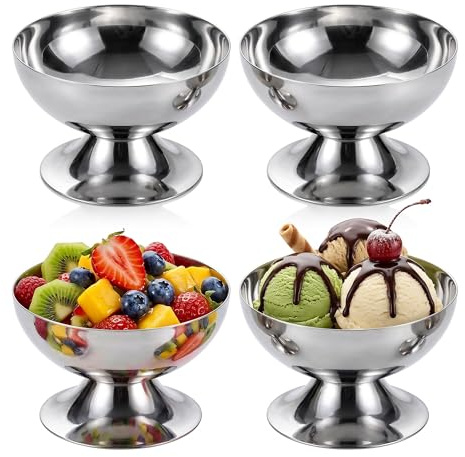 200ml Edelstahl Dessertschale 4 Pcs - Edelstahl Eisbecher mit 4 Gabeln | Ø10cm Ice Cream Sundae Dessertgläser Cocktail Gläser mit Fuß für Obst Salat Joghurt und Fruchtpudding für Partys Gastronomie