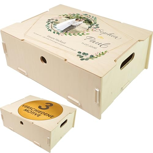 Holzbox mit Deckel Hochzeit personalisierbar, 39x29x14cm, mit Bild & Text | Aufbewahrungsbox mit Motiv mit Namen als personalisiertes Geschenk, Holzkiste Erinnerungskiste, für Hochzeitskarten