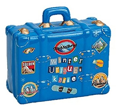Geschenkestadl Spardose Reisekoffer in Blau Sparschwein 14 cm x 6 cm x 13 cm Keramik Urlaubskasse