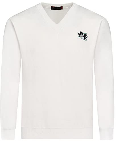 Guvnors Men Bowling Jumper Knitted V Neck Top White Jumper Sweater Top Bowls Logo On The Front, Small, White