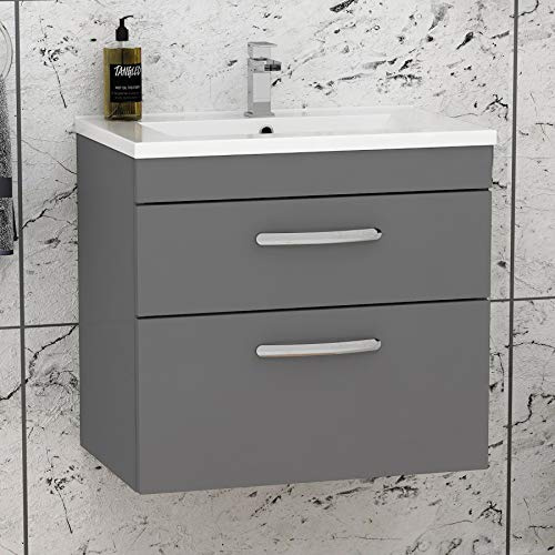 Royal Bathrooms 600mm Wall Hung Bathroom Vanity Unit Minimalist Basin 2 Drawers Storage Cabinet Furniture - Indigo Grey Gloss
