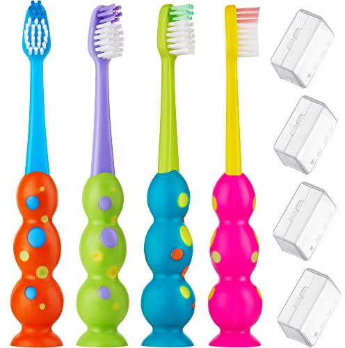 Kids Toothbrush 4 Pack - Soft Bristles with Suction Cup - Toothbrush Kids, Child Sized Brush Heads, 3-10 Year Old Kid Toothbrush with Easy Storage - Toddler, Girl and Boy Set (4-Pack, Multi-Color)