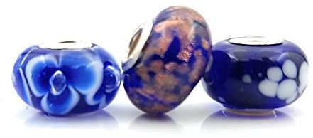 MIRIAM FASOLATO 3 Beads Set aus Murano Kunst Glas und Sterling Siber kompatible mit Pandora und Trollbeads Armband, Blue und Weiß Farbe
