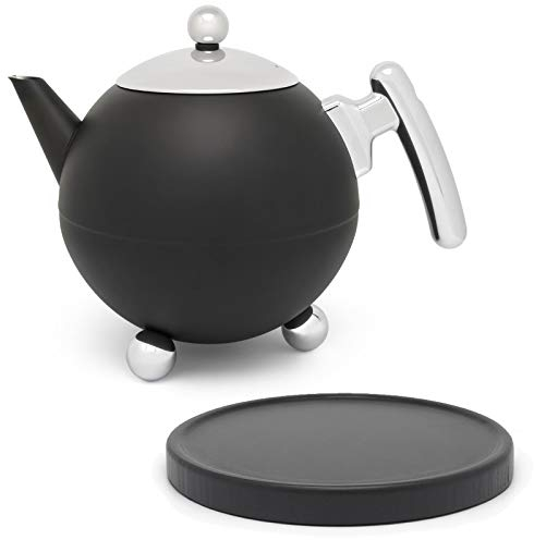 Bredemeijer Bella Ronde Edelstahl-Teekannen-Set 1,2 L - Doppelwandige Edelstahlkanne in Kugelform mit Füßen, schwarz - Mit schwarzem Untersetzer, ohne Siebeinsatz, ideal für Teebeutel & losen Tee