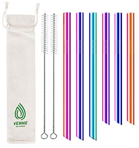 VEHHE Pailles Bubble Tea Réutilisables, Lot de 6 Pailles 24cm/21cm Acier Inoxydable, Pailles Extra Larges en Métal 12mm avec 2 Brosses de Nettoyage, Idéal pour Smoothie, Boba et Bubble Tea Pearls
