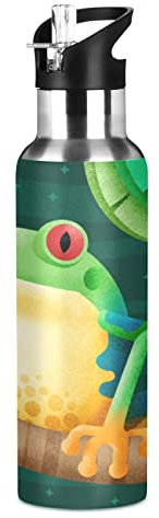 Vnurnrn Grenouille Dessin Animé Animal Mignon Bouteille d'eau Isotherme avec Paille en Acier Inoxydable Gourde 600ML, Sans Bpa Gourdes Eau pour Enfant Sport Randonnée École Bureau
