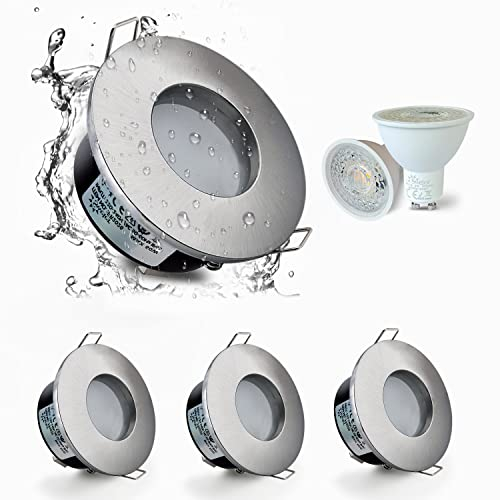 Sweier LED Einbaustrahler IP65,Satin Nickel 5W GU10 Einbaustrahler Badezimmer,230V Warmweiß 3000K Bad Deckenstrahler,430LM Einbauleuchten LED Spot,Lochmass 2.76 Zoll,Einbautiefe 4.33 Zoll,4er Set