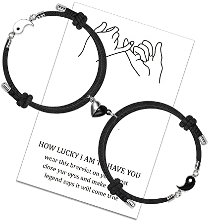 LUOKIFUR Herz Magnetisches Paar Passendes Armband Yin Yang Verstellbares Kordelarmband für Valentinstagsgeschenke für Freundin, Freund, beste Freunde (black-black)