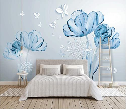 MUNXIN WALLPAPER Papier Peint Panoramique 3D Papillon Fleurs Bleu Transparent Belle Moderne Papier Peint 3D Intissé Décoration Murale